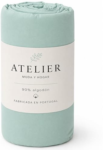 Sábana Bajera Ajustable 100% Algodón, Transpirable, Tacto Suave, Todas Las Medidas, Tejido Resistente, Alta Comodidad, Fabricado en Portuga (150 x 190/200 cm, Verde Agua)