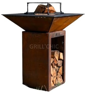 Grill'Chic - Braciere piastra Le Cévenol con mobile Range Legno in corten 74x74x90 Barbecue da esterno Grill'Chic
