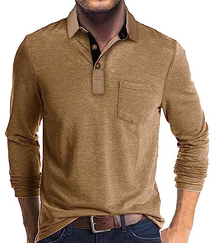Poloshirt Herren Langarm Shirt Basic Baumwolle Langarmshirt mit Knopfleiste Mode Longsleeve Polohemd mit Brusttasche Leichte Sommershirt Regular Fit Polo Shirt Lässig Longshirt Einfarbige Oberteile