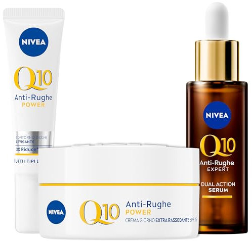 NIVEA Q10 Cofanetto, Set Skincare con Crema Viso Antirughe Giorno Extra Rassodante SPF15 50 ml, Contorno Occhi Levigante 15 ml e Siero Viso Doppia Azione 30 ml – Kit Esclusiva Amazon