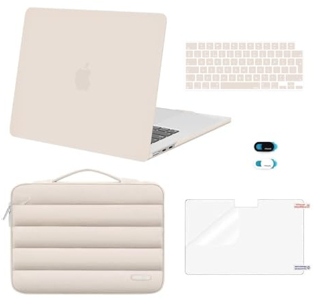 MOSISO Kompatibel mit MacBook Air 15 Zoll Hülle M5 M4 M3 M2 2026 2025-2023 | Hartschale Hülle&Puffy Laptoptasche&Tastaturschutz&Webcam Abdeckung&Displayschutz A3448 A3241 A3114 A2941, Sand