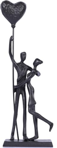 QIANLING Estatua de Pareja de Hierro de 32 cm - Escultura de Hierro Negra como Regalo para Ella, Figuras de Hierro con Diseño Romántico de Globo, Hierro para Entrada, Sala