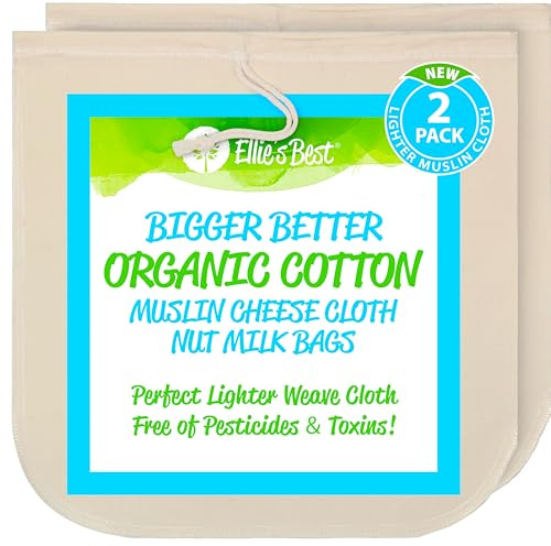 Organic Cotton EZ-2-Squeeze Nut Milk Bags - 2pk -14 x14 Reusable All Purpose Food Strainer Bag- Light Strong Muslin Mesh Cheesecloth