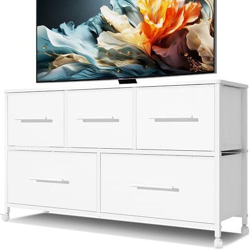 MYGIIVOVO Commode pour chambre à coucher avec 5 tiroirs en tissu, meuble TV avec 4 roulettes, unité de rangement pour salon, chambre d'enfant (blanc)
