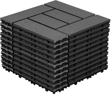 Fiqops 10 stycken WPC terrassplattor, 30 x 30 cm WPC-kakel, balkong golvplattor med klicksystem, balkongplattor i träutseende, terrassbrädor, vattentäta för terrass, för 10 m², antracit