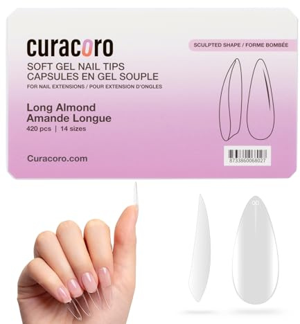 Curacoro Sculpted Nail Soft Gel Tips - 420Pcs Soft Gel Nail Extension Tips, 14 Sizes Clear Full Cover Fake Nails for Extension, Long-Lasting Salon Quality, Natural Look (Almond, Long)