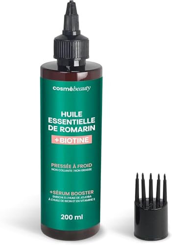 COSME BEAUTY Huile de Romarin + Biotine XXL 200ml – Stimule la Pousse des Cheveux – Formule Naturelle Sans dérivés de pétrole – Peigne Applicateur & Bouchon Inclus – Sérum Booster Anti-Chute
