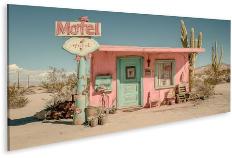 islandburner Bild auf Leinwand Vergessenes Motel in der Wüste mit Kaktus für Wohnzimmer Kunstliebhaber Boutique Bilder Wandbilder Poster