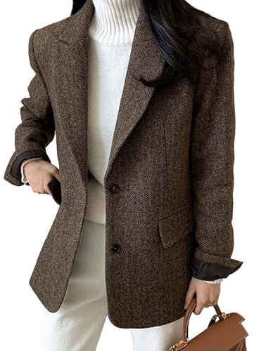 SOMTHRON Women's Herringbone Wool Blend Coat Single Breasted Long Sleeve Fall Winter Work Business Blazer Jacket CO-S