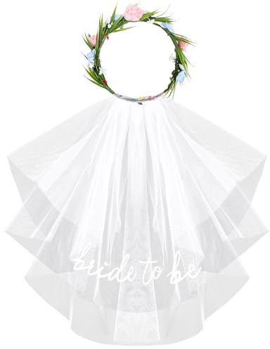 BOOMTOP Brautschleier mit Blumenkranz Schleier Braut Kurz Hochzeit Haarschmuck Blumen Haarreif JGA Accessoires Kopfschmuck Bride to be Weiß Brautschmuck für Junggesellenabschied Mottoparty Cosplay