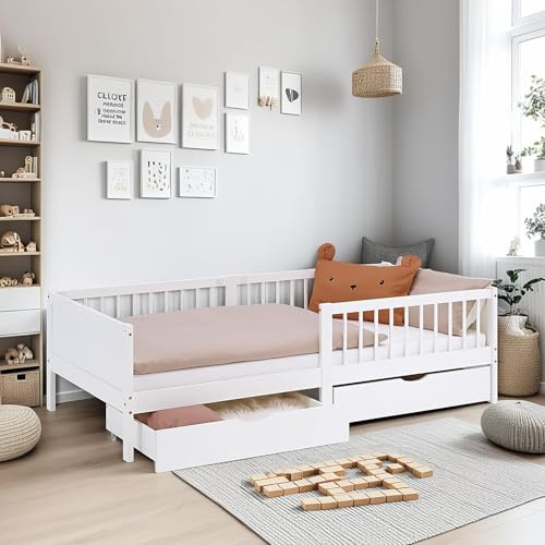 Homestyle4u Kinderbett 90x200 - Bodenbett mit Rausfallschutz & Schubladen | Massivholzbett aus Kiefer inklusive Lattenrost - Grünes Einzelbett mit Stauraum für Kinderzimmer - Holzbett stabil