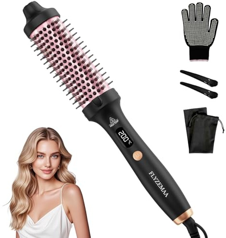 Thermobürste, Thermal Brush 38mm - Runder Heizkamm für Natürliche Locken und Glatteres Haar, Lockenbürste Elektrisch mit 3 Temperaturstufen, LCD-Display, 30s Heizen EU-Plug Dual-Spannung, Schwarz