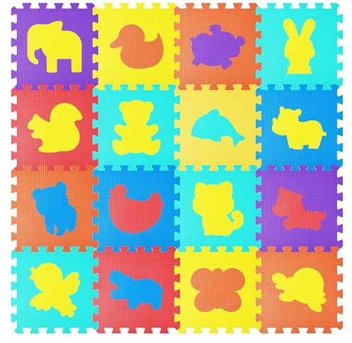 Tappeto Puzzle Bambini 16 Pezzi (120x120 cm) - Schiuma EVA Sicura | Motivi Animali Educativi | Antiscivolo | Impermeabile | Per Asilo/Casa (Animals)