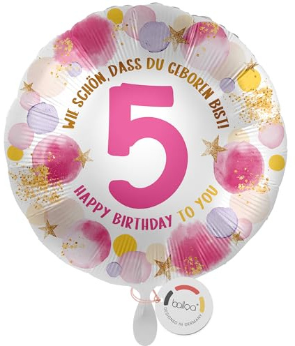 balloa Folienballon 5 Happy Birthday, runder Helium Ballon zum 5. Geburtstag für Mädchen, Geburtstagsdeko in Rosa und Gold mit Zahl 5, befüllbar mit Luft oder Helium, Party Ballon, 33cm