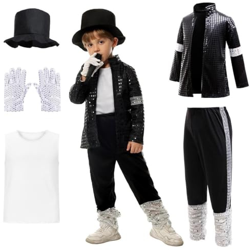 Lito Angels Traje de Estrella Pop para Niño - Conjunto con Chaqueta Brillante, Sombrero y Guantes Estilo Años 80/90 para Fiestas Disco y Eventos -Infantil 6-7 Años