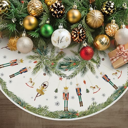 Jupe de Sapin de Noël, 120 cm Cache Pied Sapin de Noel avec Casse Noisette et Flocons de Neige pour Fêtes de Noël et Vacances Vintage Decoration Noel Sapin (Multi)