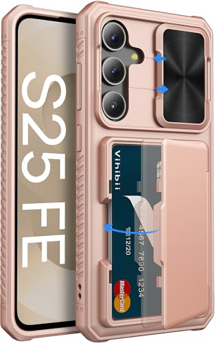 Vihibii für Samsung Galaxy S25 FE Hülle mit Kartenfach (4 Karten), Kamera Schutzabdeckung, Militärschutz Stoßfeste Case, Kratzfest Robuste RFID Schutz Handyhülle für Galaxy S25 FE 6.7 Zoll, Rosé Gold