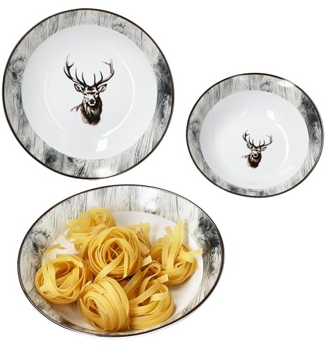 MamboCat Alois 3tlg Servierschalen Set I 650ml, 1L & 1,3L I weiße hohe Schüssel aus Porzellan mit Hirsch-Dekor & Holz-Optik für Kartoffeln, Knödel, Gemüse, Dessert, Suppe & Co.