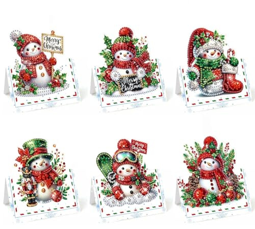 Skeadex Diamond Painting Weihnachtskarten, 6er 5D Schneemann Diamond Painting Weihnachten Karten mit Umschlag Diamant Malerei Weihnachten Grußkarten Lebkuchenmann für Kinder Erwachsene Geschenk (C)