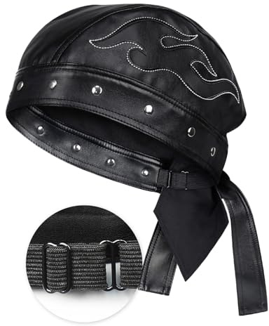 Hachapy Leather Biker Cap for Women Motorcycle Skull Cap with Embroidery Black