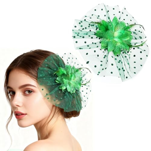 MWOOT Feder Blume Haarspange, 1920er Fascinator Feder Schleier Haarnadel für Damen, Grün Blumen Mesh 20er Jahre Haarschmuck für Karneval Halloween Cocktail Hochzeit Tee-Party Accessoires