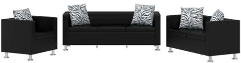 SKTQYQO Set mit 3- und 2-Sitzer-Sofas mit Würfelsessel aus schwarzem Kunstleder, moderne Baugruppe für Wohnzimmer, robuste Holzkonstruktion, Lieferung inklusive 1 x 3-Sitzer-Sofa, 1 x Sofa