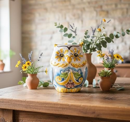 Gufo Decorativo in Ceramica Siciliana di Caltagirone, Dipinto a Mano, Decorazione Artigianale Tradizionale, Animali Portafortuna (Grande)