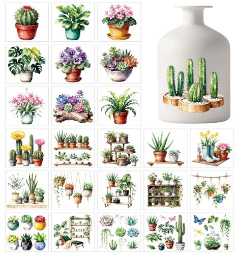 GLOBLELAND Aufkleber für Glas, PVC, Topfpflanzen-Design, Bunt, 10x9 cm, für Vasen/Gläser/Laternen/Flaschen, Kaktus und Sukkulenten Motiv, Wasserfest, 25 Blatt