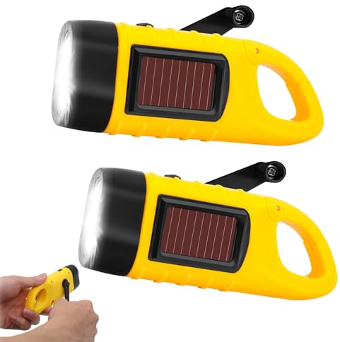 YIQILAIYA Lampe de Poche Solaire, Lampe Torche Dynamo Manivelle, Manivelle Flashlight Rechargeables, Mini Torche Solaire pour Extérieur, Randonnée, Cadeau, équipement Urgence (2, Jaune)
