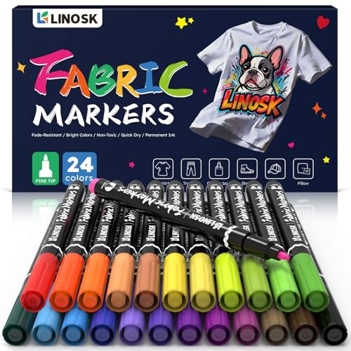 LINOSK Fabric Pens 24 Colours, Permanent Fabric Markers for Clothes & Canvas, Quick Dry & No-Bleed Ink for DIY T-Shirts, Non-Toxic Craft Supplies