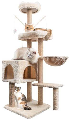 Kratzbaum Katzenbaum, 145 cm hoch, Katzenkratzbaum mit Sisal Kratzsäulen | Stabiler Kratzbaum mit Säulen, Katzenhöhle, Katzenspielzeug, Katzenkorb für Katzen Kätzchen, Cremeweiß