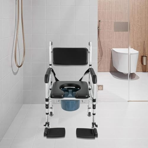 Silla de ducha con ruedas con 4 ruedas bloqueables, reposapiés, brazos plegables, altura ajustable, cubo extraíble, capacidad de 160 kg, silla de inodoro