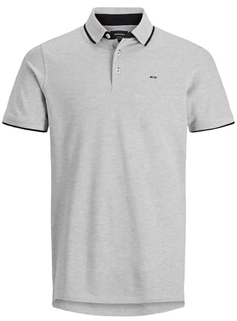 JACK & JONES Herr slim fit pikétröja JJEPAULOS uni sommarskjorta krage kort arm basic piké bomull, Ljusgrå melange, XL