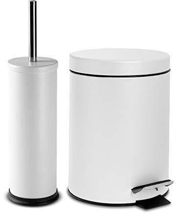 Harbour Housewares 3L Bathroom Bin & Brush Set - Matte White - 2pc Round Stainless Steel Pedal Bin & Toilet Brush Set Slim Small Trashcan for Kitchen Waste, Bathroom Rubbish