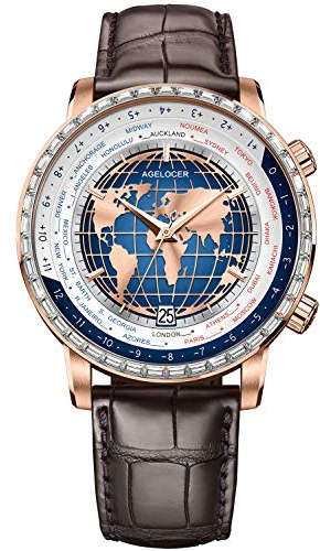 agelocer Herren-Armbanduhr mit echtem Diamant-Zifferblatt, blaue Weltzeit, mechanischer Kalender, modische Uhr, Nk_5201f2, Armband