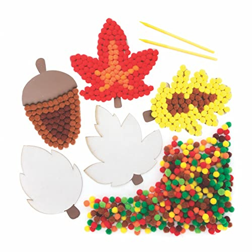 Baker Ross FE644 Herbst Pom Pom Bastelset - 5er Pack, Selbstklebende Karte mit farbigen PomPoms zum Basteln für Kinder, Herbst Bastelaktivitäten