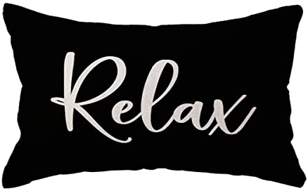 Relax Lumbar Throw Pillow Case 12×20 Inch Housewarming Gifts Farmhouse Black Decorative Rectangular/Waist Cushion Cover for Sofa Beach Porch Bench Decor(12×20, Black)
