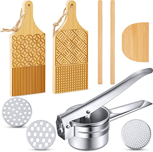 6 Pcs Gnocchi Board Wood Pasta Board Potato Ricer Pasta Making Tools Ricer for Mashed Potatoes with 3 Interchangeable Discs Pasta Board Set with Rolls and Cutter for Pasta Making Kitchen Gift Ideas