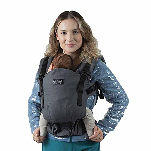 ISARA The One Baby Carrier für Neugeborene ab Geburt (0-4 Jahre) bis 20 kg – mitwachsende Fullbuckle Rucksacktrage - Schnallen ohne Binden – Bauch-, Hüft- & Rückentrage – Babytrage (Graphite Linen)