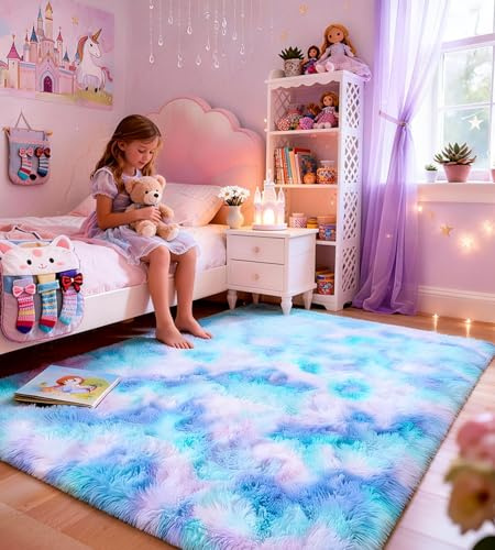 ROHATIM Teppich Läufer 80 x 150 cm Blau Lila Waschbar Rutschfester Hochflorteppich Schlafzimmer Kinderzimmer Flauschiger Teppiche