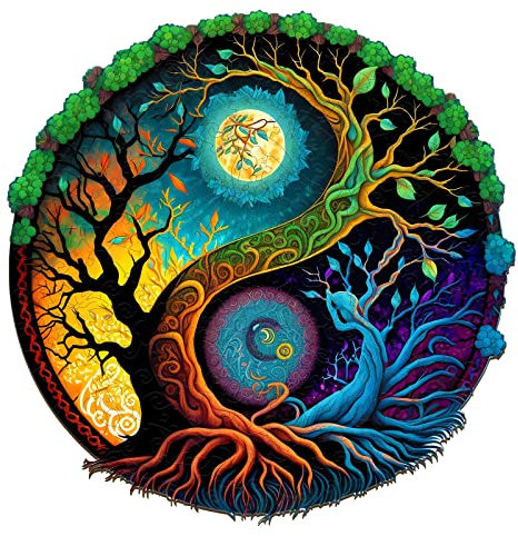 Wooden Puzzles for Adults, 300pcs Yin Yang Life Tree Wood Puzzle, Unique Animal Shape Puzzles with Wood Box, 35 x 35cm Wooden Puzzle for Family Game and Birthday Gifts for Friend