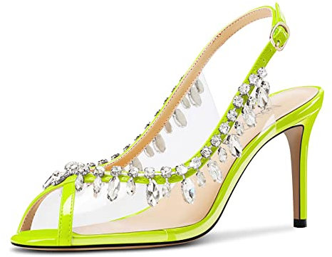 NobleOnly Mujer Medio Heel Abierta Punta Slingback Sandalias Diamante Cristal Baile Fiesta Sexy Verano Zapatos 8 CM Heels Verde Lima 42 EU
