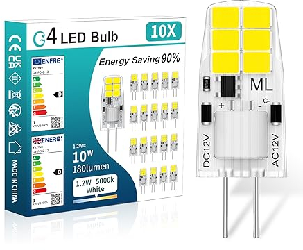 YzzYzz G4 LED Lampen, 1.2W G4 LED Birnen Kaltweiß 5000K Ersatz 10W Halogenlampen, 180LM G4 LED Leuchmittel, 360° Abstrahlwinkel, Nicht Dimmbar Kein Flimmern, 12V AC/DC, 10er Pack