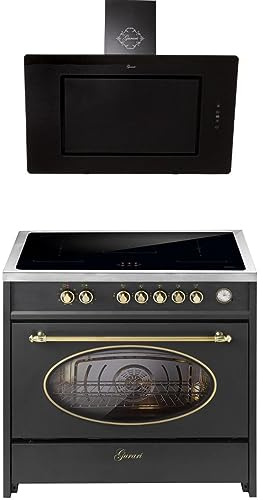 GURARI Induktions-Standherd E 913 RU BL+ GCH S 155 BL 90 Prime, Retro Range Cooker 90 cm/FLEX ZONEN/ 5 Zonen / 121L + Dunstabzugshaube 90 cm