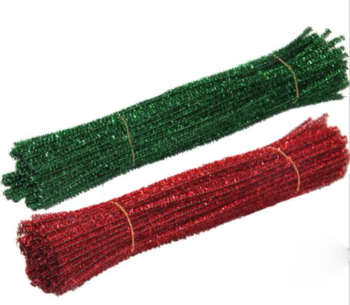 CHUYIX200 Stück Pfeifenreiniger Glitzer Chenilledraht Flauschig Biegeplüsch Basteldraht Metall-Linie Biegeplüsch für Party Geschenkverpackung Weihnachtsbaumschmuck KinderhandwerkRot+Grün