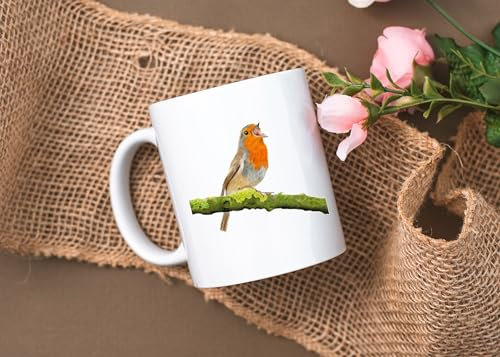 Red Robin Bird Ceramic Coffee Mug, 11oz, Original Artwork Design, White