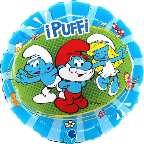 Schlümpfe Ballon Grabo für Kinderparty rund Schlumpf großer Schlumpf aus Folie mit Strohhalm zum Aufblasen bunte Luftballons Made in Italy 35 x 35 cm