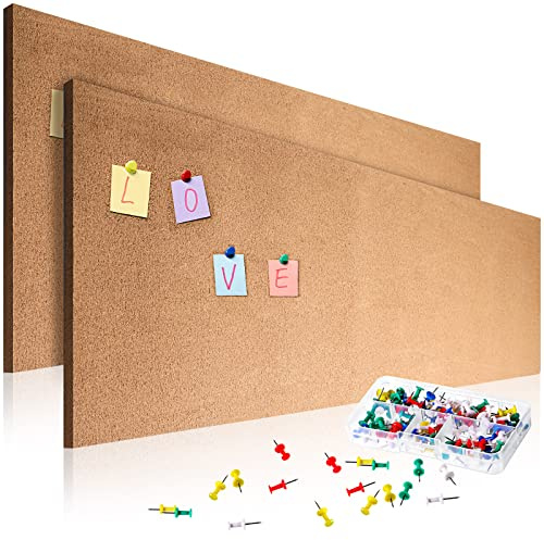 Faccito 2 Pcs Large Cork Board Roll 8 mm Thick 79 x 16 Inch Self Adhesive Cork Bulletin Boards with 100 Push Pins Wall Frameless Bulletin for Door Office Kitchen Schedules Announcements