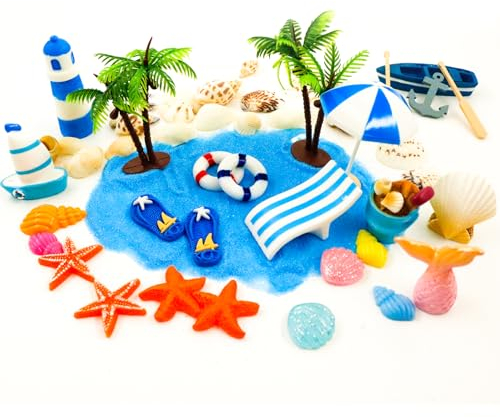 29 Unidades de Micropaisajes de Playa, Decoración en Miniatura, Decoración de Playa, Mini Tumbona, Sombrilla de Playa, Cesta de Playa Pequeña, Decoración de Jardín de Verano para Bricolaje