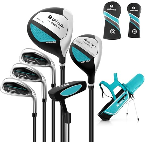 COSTWAY Ensemble Club de Golf Portable pour Enfants de 11 à 13 Ans, Set de Golf Complet Sac Trépied avec Capuche Anti-Pluie Driver #1 Hybride #5 Fers #7#9#S et Putter, pour Droitier(Bleu)